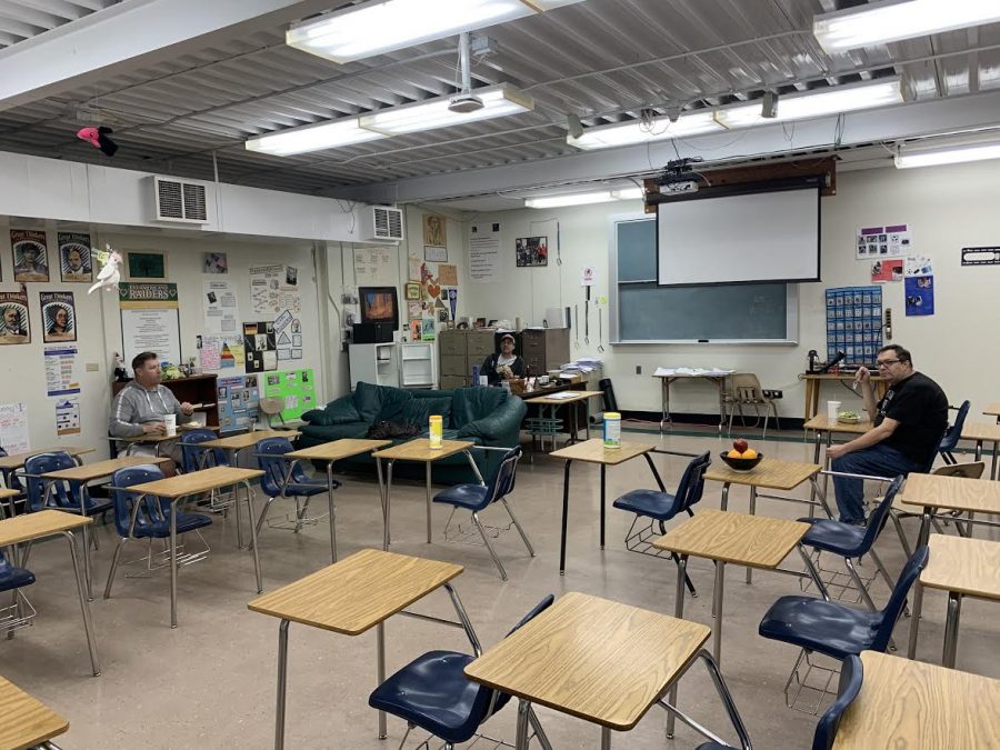 During the "distance learning" Chromebook distribution April 1, teachers enjoy chipotle and practicing physical distancing in room C-15