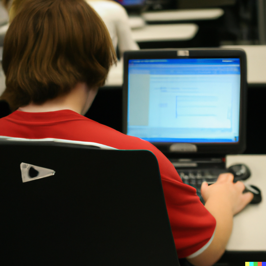 A photograph of a high school student sitting at a computer using ChatGPT, taken from the vantage point of looking over the student's shoulder. The image was generated by DALL-E, ChatGPT's sister software.