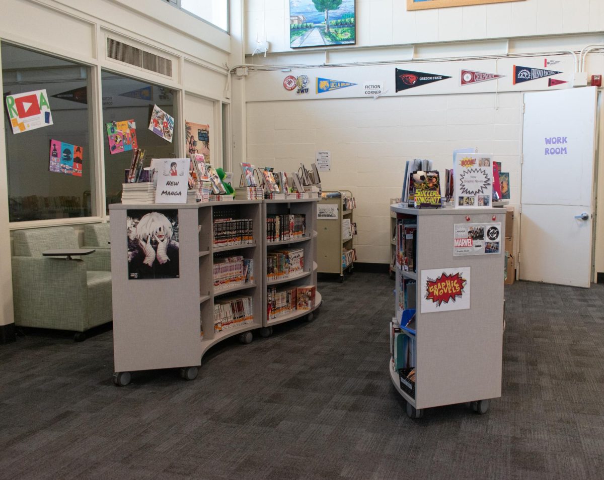 The new library features modern shelves.