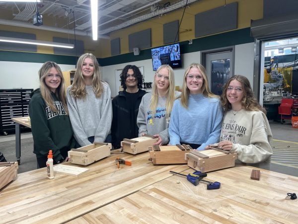 Caroline Niello, Jill Gundlach, Sahil Olomi, Sofia Magee, Andrea (Annie) Laing and Zoey Younger at the engineering workshop.