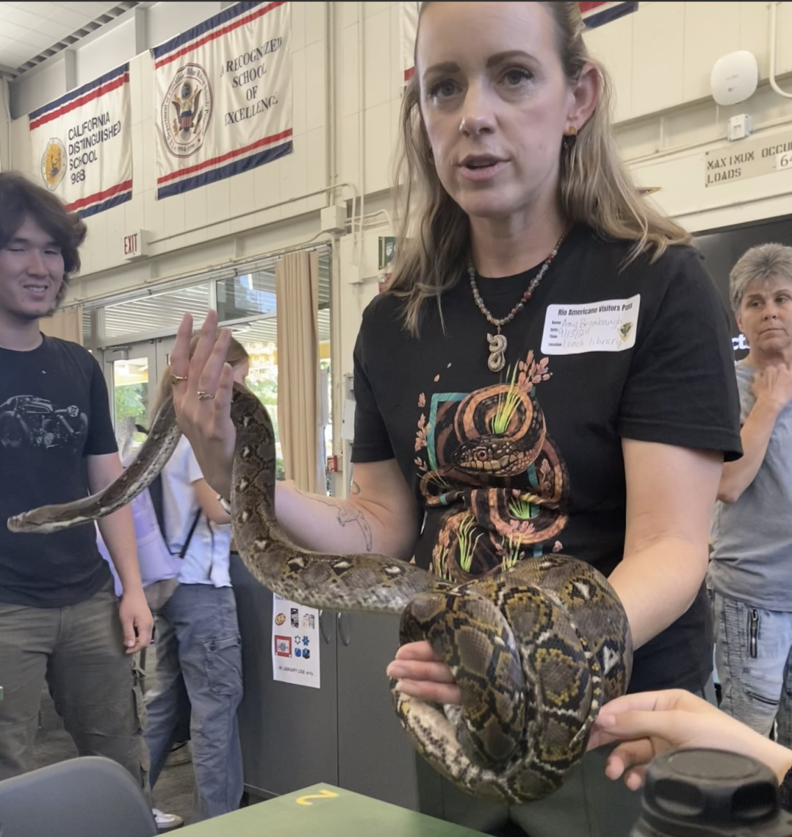 A Save the Snakes volunteer holds a snake in the Rio Americano library.