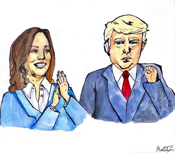 Democratic presidential nominee Kamala Harris (left) and Republican presidential nominee Donald Trump (right). Cartoon by Katelyn Caudill.