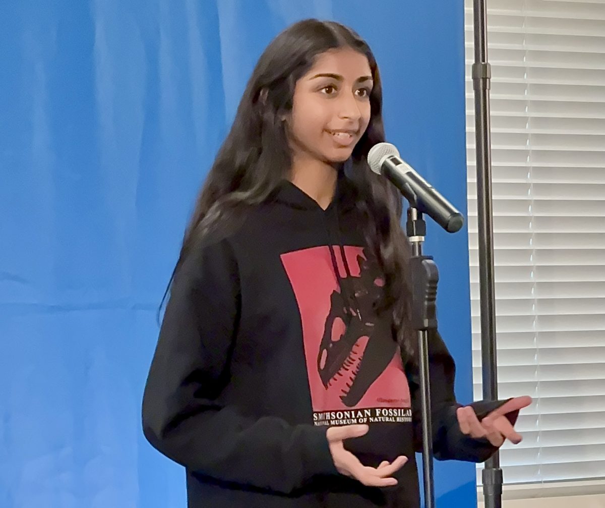 Junior Samrita Naidu recites a poem at the county Poetry Out Loud competition on Feb. 5.