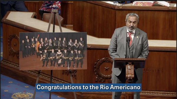 U.S. Rep. Ami Bera congratulates the Rio Americano High School band on the House floor in February 2025. Rio was selected to participate in the prestigious Essentially Ellington jazz festival in New York.