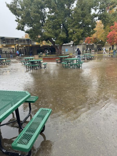 The courtyard in front of the cafeteria flooded during a storm in December 2024.