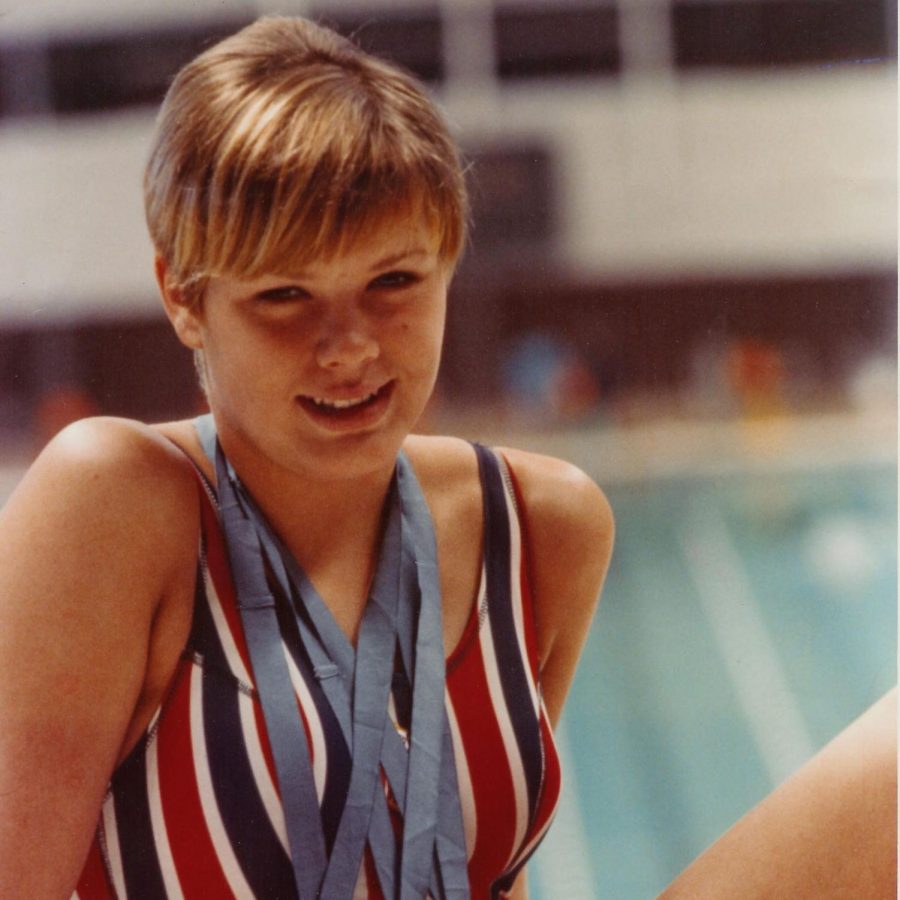 In the photo from the 1969 year-
book, Debbie Meyer poses with the

medals she won at the Mexico City
Olympics in October 1968.