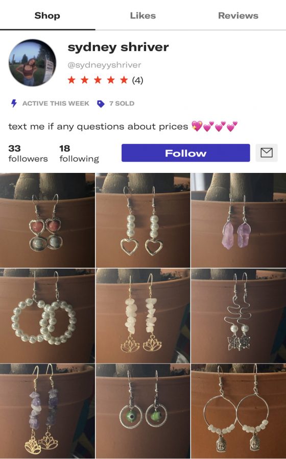 Shriver's Depop account (@sydneyyshriver) features handmade earrings and thrifted clothing pieces available for purchase at various price points.