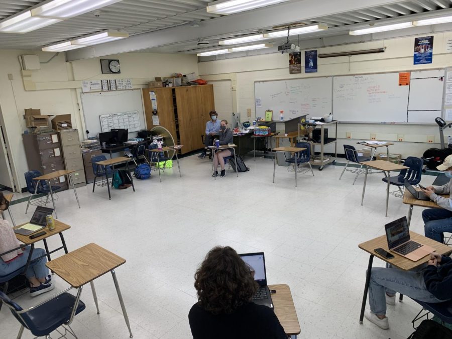 Currently sparsely populated, there will soon be more students in teacher Michael Mahoney's A-wing classroom as Cohorts A and B merge and students come on campus 4 days a week. Desks will still remain the appropriate distance of 3 feet away as recommended by new CDC guidelines.