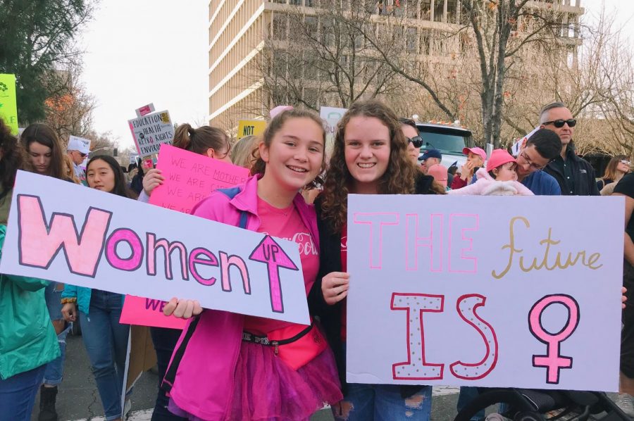 Juniors Audrey Snider and McKenna Hubbard advocate for women's rights at the Women's March in downtown Sacramento in 2019. 