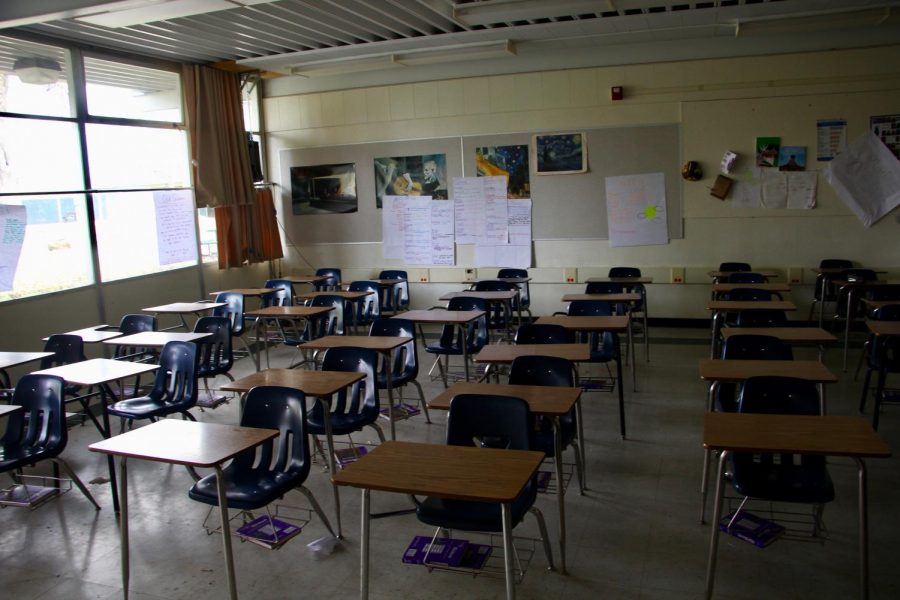 An empty Rio Americano classroom as students transition to "distance learning."