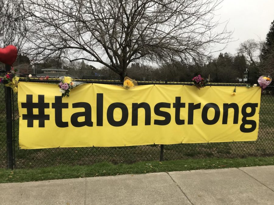 A yellow #talonstrong banner has been displayed on the fence at Valley Oak Park, nearby where Talon grew up and played baseball as a kid. Upon his passing, family and friends left flowers and balloons around the sign.