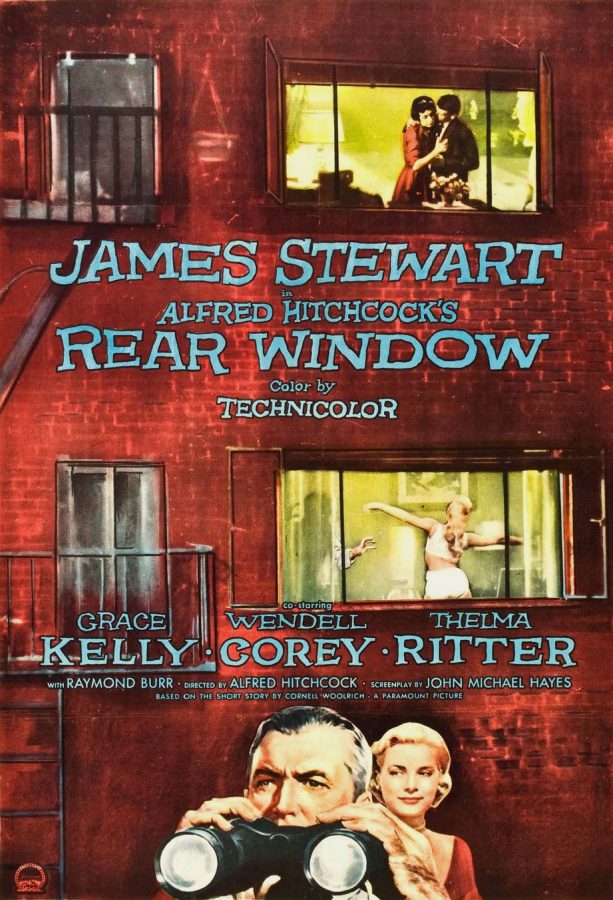 The 1954 "Rear Window" film poster previews the mysterious nature of Hitchcock's movies.