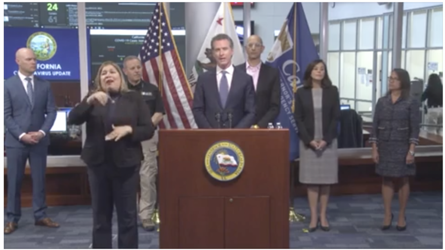 A screen shot of Gov. Gavin Newsom's daily press briefing on COVID-19.