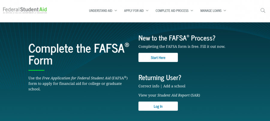 A screenshot of the FAFSA homepage. The counseling staff is available to answer questions regarding federal student aid.