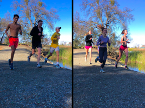 The varsity boy (left) and girls (right) cross country team do mile repeats at Willow Hills Reservoir in preparation for their first race in February.