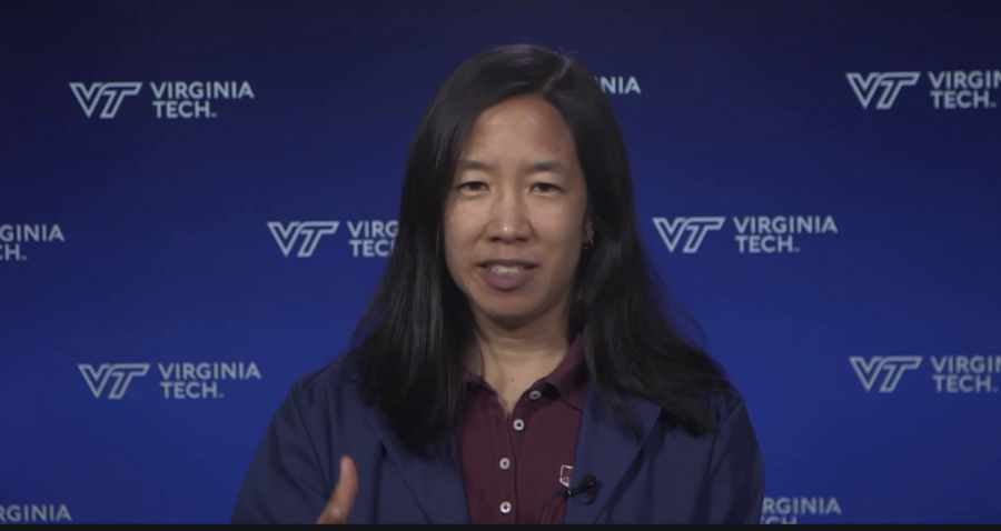 Lindsey Marr, seen in a screenshot of a presentation, is a Rio graduate and an engineering professor at VT with expertise in airborne transmission of viruses, air quality, nanotechnology.