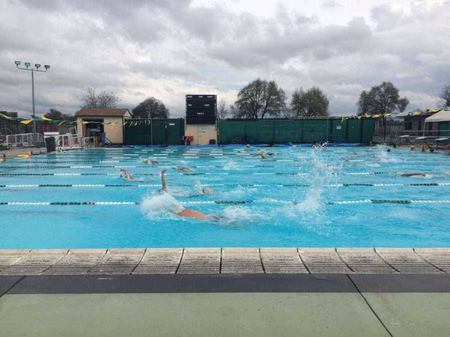 Splish splash the swim team practices on a cloudy day in preparation for the upcoming Mira Loma meet