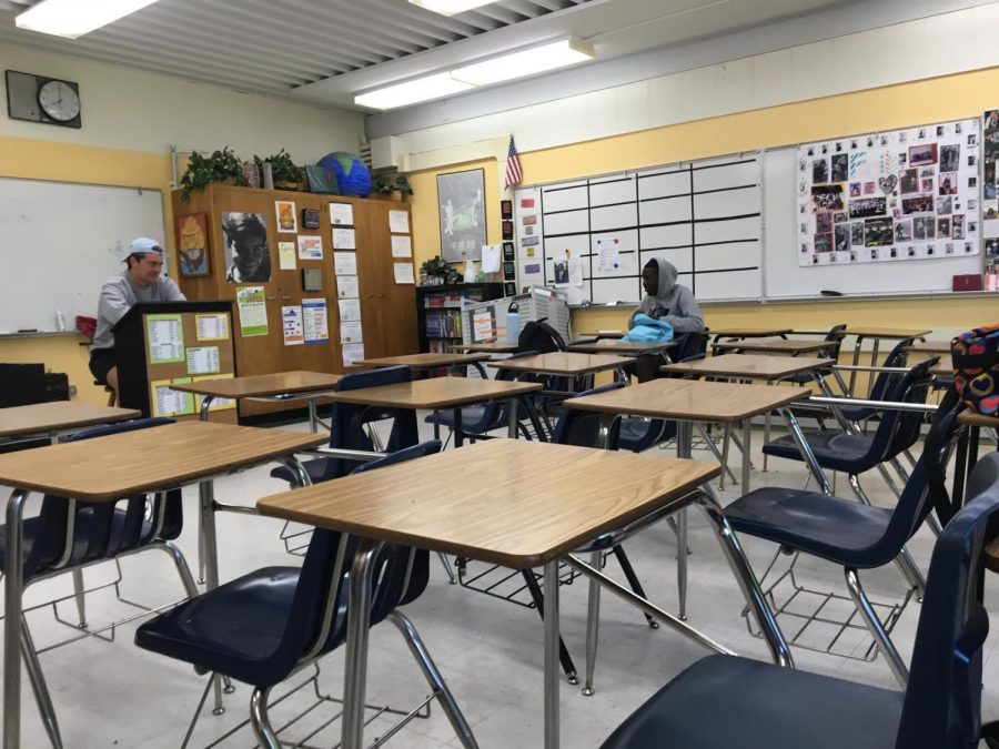 A dispersed Rio Americano classroom during AP testing last May