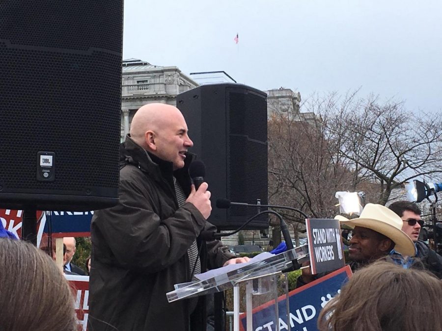 Teacher Darren Miller speaks out at a workers union rally in Washington D.C. in late February.